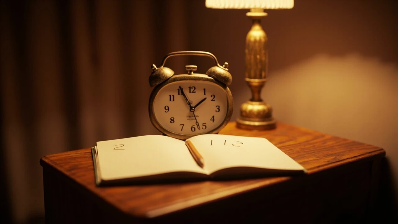 Zegar z godziną 21:12 i delikatnymi symbolami liczb 2, 1 oraz 5 w tle, nawiązującymi do znaczenia godziny 21:12.